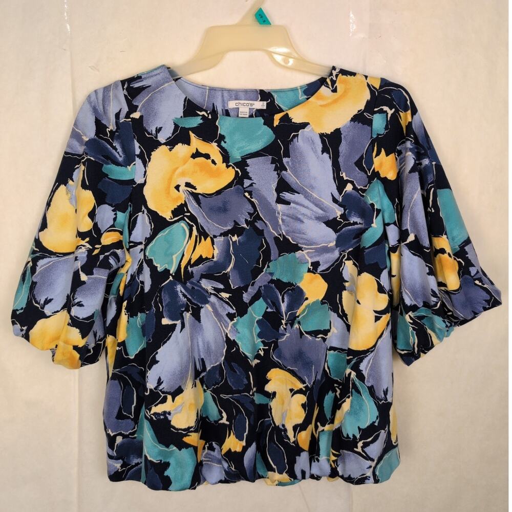 Chico's Navy Floral Puff-Sleeve Women's Sweater